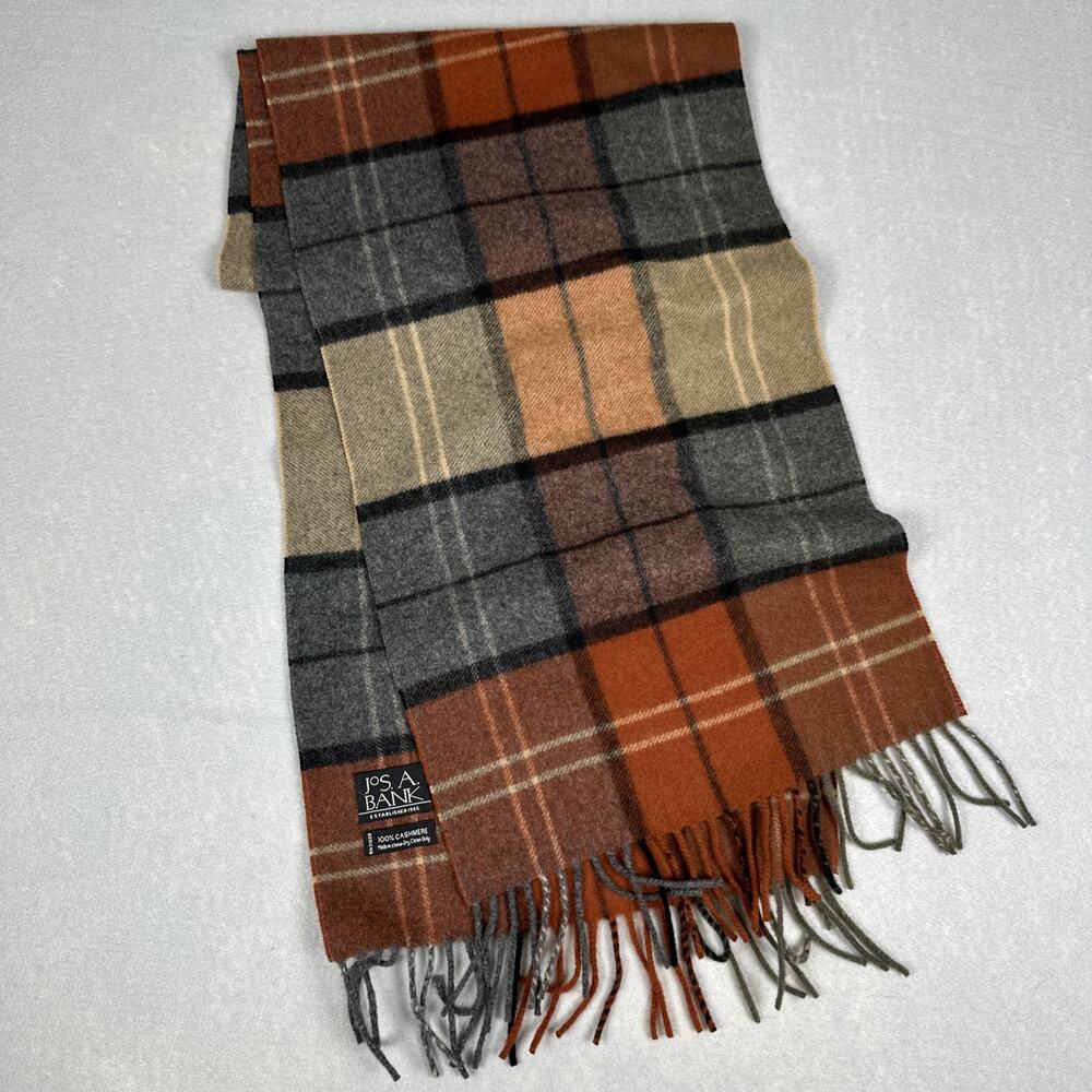 Jos. A. Bank Plaid 100% Cashmere Scarf Fringe Trim Orange Grey Cream 60” x 12”